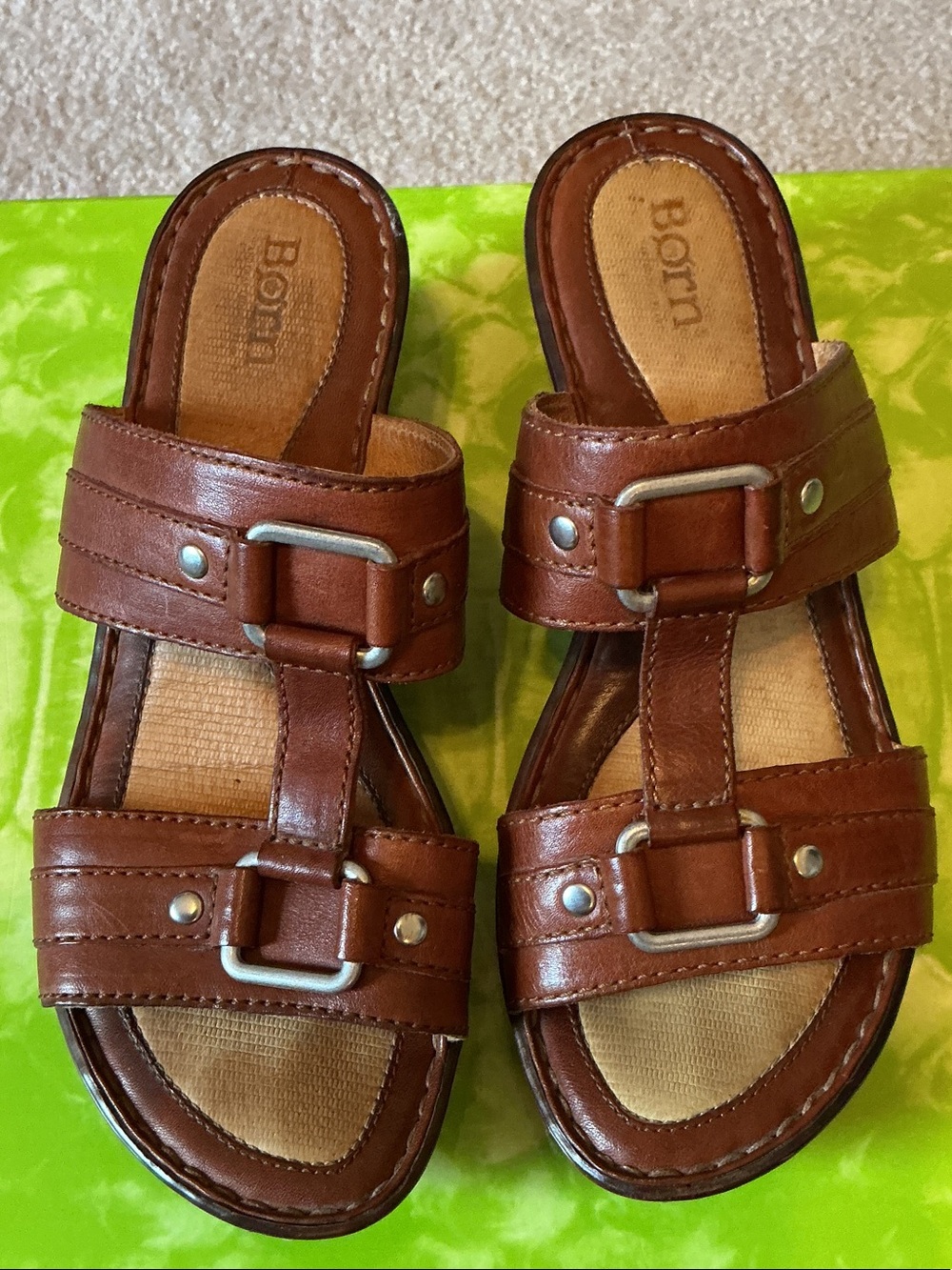 Born Cognac Brown Leather Buckle Slide Sandals